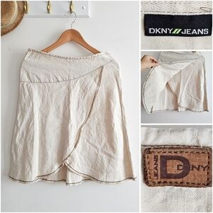 DKNY Jeans 100% Linen Beige Wrap Skirt Size 4 Side Zip Boho Minimalist